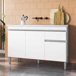 Balcão Gabinete Com Pia Inox 120cm 3 Portas e 1 Gaveta Tatiane Branco