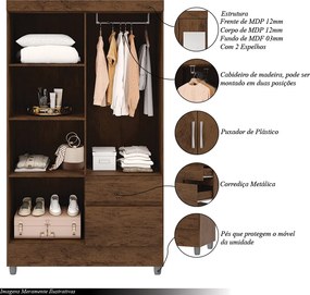 Guarda Roupa Solteiro Abruzzo 4 Portas de Bater 2 com Espelhos 2 Gavetas Nogueira G98 - Gran Belo