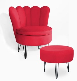 Poltrona Decorativa Dália com Puff Chloe Hairpin Legs Preto Veludo Vermelho