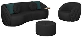 Conjunto Decorativo Sofá 240cm e Poltrona Clarke com Puff Round PU Preto G45 - Gran Belo