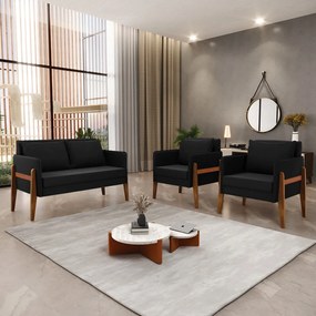 Kit 1 Sofá Namoradeira e 2 Poltronas Lana Suede Preto Base de Madeira - D'Rossi