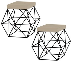 Kit 2 Puffs Decorativo Sala de Estar Base Preto Trixie Veludo Bege G41 - Gran Belo