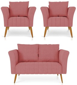 Kit 01 Namoradeira 02 Lugares e 02 Poltronas Marilia Linho Whiski A106 Rose Pés Palito Castanho - D'Rossi