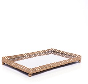 Bandeja Decorativa Retangular Em Metal Rose Com Espelho 2x25x15 cm - Indo Decorar
