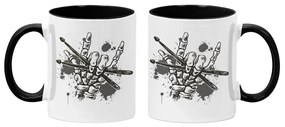Caneca Caveira Rock Baquetas Branca com Alça Preta