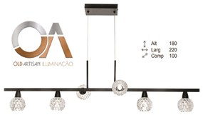 Pendente Retangular 100X22X18Cm Metal E Vidro Cristal Ø8Cm 06Xg9 | Old... (ALUMINIO ESCOVADO, CLEAR (TRANSPARENTE))