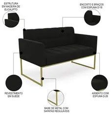 Sofá Namoradeira e 1 Poltrona Base Industrial Dourado Ana Suede Preto