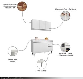 Conjunto Balcão de Cozinha Pursat com Tampo e Armário Aéreo MDP/BP Branco G96 - Gran Belo