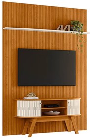 Painel TV 65 Pol 179cm Ripado Valen e Rack Bancada Rylan Cinamomo/Off White M20 - D'Rossi
