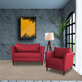 Conjunto Sofá 2 Lugares com Poltrona Pés Palito Lubbock Couro Vermelho G58 - Gran Belo