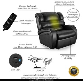 Poltrona do Papai Sala de Cinema Reclinável Kylie Power Elétrica Massagem USB PU Preto Brilho G23