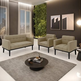 Conjunto 2 Poltronas e 1 Namoradeira Decorativa Karen Pés Fixo em Madeira Preto Suede Nude G19 - Gran Belo