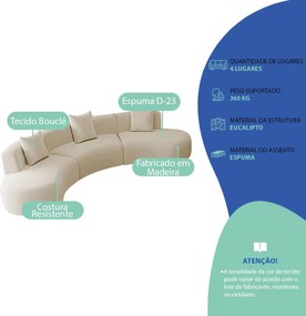 Kit Sofá Modular 4 Lugares 360cm Moderno Curvo Orgânico Duna Bouclé