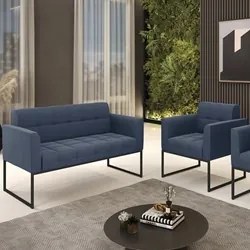 Sofá Namoradeira e 1 Poltrona Base Industrial Preto Ana Suede Azul Mar
