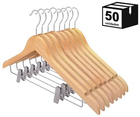 Kit 50 Cabides De Madeira Nobre Verniz Marfim com Presilha