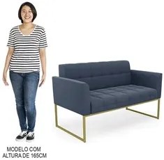 Sofá Namoradeira e 2 Poltronas Base Industrial Dourado Ana Suede Azul