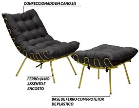 Conjunto Decorativo Poltrona e Puff Abel Base de Ferro Dourada Veludo Preto G41 - Gran Belo