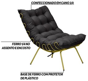 Poltrona Decorativa Sala de Estar Abel Base de Ferro Dourada Veludo Preto G41 - Gran Belo