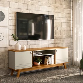 Rack Bancada Decorativo MDP/MDF TV até 75 Polegadas Portas Cronos Nature/Off White G77 - Gran Belo