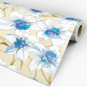Papel de Parede Floral Marrom Creme Branco e Azul 0.52m x 3.00m