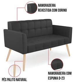 Kit 1 Sofá Namoradeira e 2 Poltronas Elisa Corino Pés Palito Natural D03 - D'Rossi - Preto