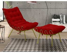 Kit 2 Puff Decorativo Sala de Estar Abel Pés Dourado Suede Vermelho G41 - Gran Belo