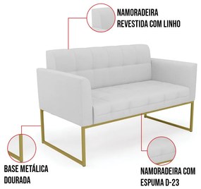 Kit 1 Sofá Namoradeira e 1 Poltrona Elisa Linho Base Metálica Industrial Dourado D03 - D'Rossi - A05 Cinza