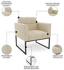 Poltrona Base Industrial Preto Kit 2 Ana Suede Bege - Ibiza