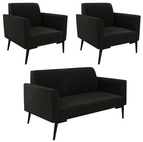Sofá Namoradeira com 2 Poltronas Pés Villach Marisa Suede D03 - D'Rossi - Preto
