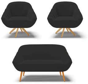 Kit 01 Namoradeira 02 Lugares e 02 Poltronas Giratória Giovana Veludo Base Madeira MA30 - D'Rossi - Preto