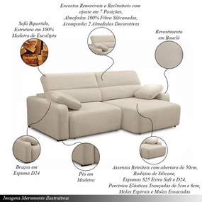Sofá Decorativo Sala de Estar Ibiza 3 Lugares 240cm Reclinável e Retrátil Bouclê Bege Claro G89 - Gran Belo