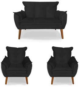 Kit 2 Poltronas 1 Namoradeira Apolo Pés Madeira Suede Preto - Sheep Estofados - Preto