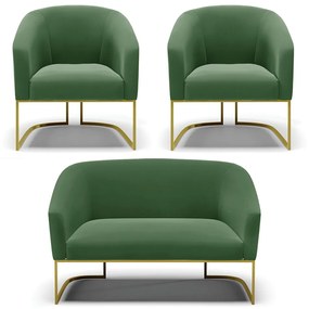 Namoradeira e 2 Poltronas Base Industrial Dourado Stella Suede D03 - D'Rossi - Verde