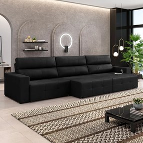 Sofá Retrátil 4 Lugares 284cm 3 Módulos Nero com USB Couro Preto G52 - Gran Belo