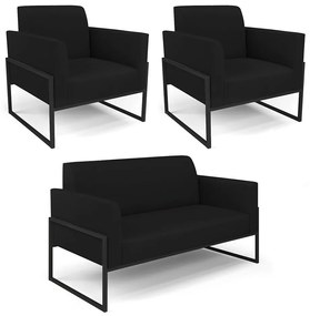 Sofá Namoradeira com 2 Poltronas Base Industrial Alta Preto Marisa Linho D03 - D'Rossi - A79 Preto