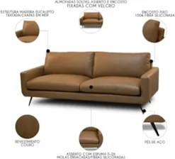 Sofá 3 Lugares Para Sala Living 252cm Merli L08 Couro Camel  - Mpozena