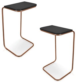 Kit 02 Mesas Lateral Tampo Multiuso Para Sofá Base Bronze 69x38 cm  - D'Rossi - Preto