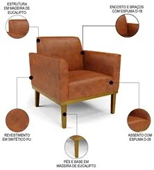 Sofá Namoradeira e 2 Poltronas Base Madeira Castanho Maressa Sintético