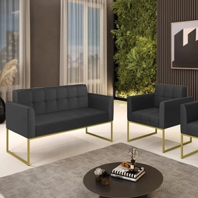 Kit 1 Sofá Namoradeira e 1 Poltrona Elisa Corino Base Metálica Industrial Dourado - D'Rossi - Preto