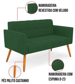 Kit 1 Sofá Namoradeira e 1 Poltrona Elisa Veludo Pés Palito Castanho D03 - D'Rossi - Verde