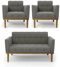 Conjunto 2 Poltronas e 1 Namoradeira Decorativa Karen Pés Fixo em Madeira Castanho Suede Grafite G19 - Gran Belo