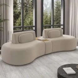 Sofá 4 Lugares 325cm Orgânico Com Mesa Mellanie Veludo Bege Z32 - Mpoz