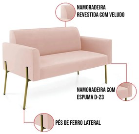 Sofá Namoradeira e Poltrona Pé de Ferro Dourado Salão Marisa Veludo Rosê
