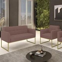 Sofá Namoradeira e 1 Poltrona Base Industrial Dourado Ana Veludo Rosê