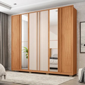 Guarda Roupa Casal Nilus 6 Portas com 2 Espelhos 4 Gavetas Ripado MDP Freijo/OffWhite G11 - Gran Belo