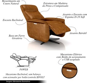 Poltrona do Papai Reclinável Power Elétrica Anakin Base Estrela Giratória USB Couro Caramelo Manchado G76 - Gran Belo
