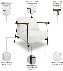 Poltrona para Sala Pés Metálicos Ellen S06 Boucle Branco - Mpozenato