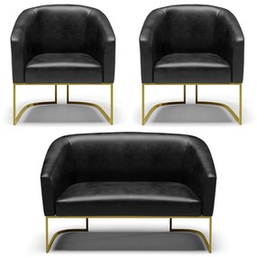 Namoradeira e 2 Poltronas Industrial Dourado Stella Sintético PU D03 - D'Rossi - Preto