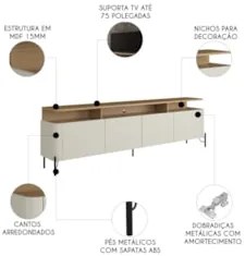 Rack TV 75 Pol 220cm Portas Lisas Blen Louro/Luna/Preto I06 - Mpozenat