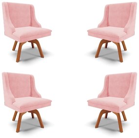 Kit 4 Cadeiras Decorativas Sala de Jantar Base Giratória de Madeira Firenze Suede Rosa Bebê/Natural G19 - Gran Belo